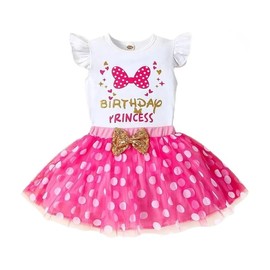 Toddler Kids Baby Girls Birthday Princess Outfits Ruffle Short Sleeves Shirt Mouse Ears Dress Polka Dots Mesh Tulle Tutu Skirt Set 2PCS