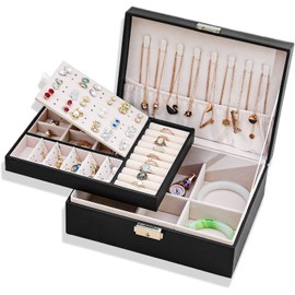 ANNA TOSANI Caja de joyería de Cuero, Organizador de joyas con Cerradura 2 Capas Organizador Estuche Joyero de Viaje Joyero Pequeña Portátil para Pendientes Anillos Collares Almacenamiento (Negro)