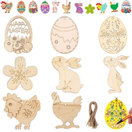 WELLXUNK Easter Pendants, Pack of 40 DIY Easter Decoration, DIY Easter Bunny, Wooden Easter Pendants, Unfinished Ornaments Easter Egg, Easter Crafts Wood for Children, Easter Party Accessories, DIY