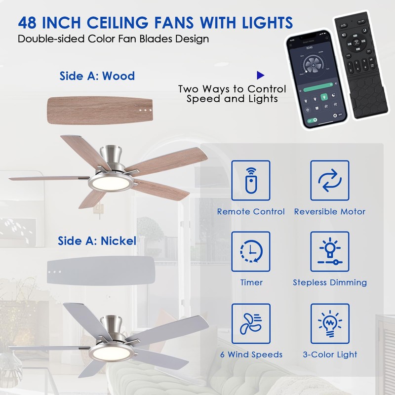 BYKISTOK 52" RGB Ceiling Fan with Light and Remote/App -