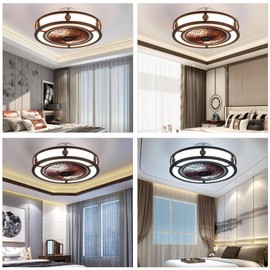 TFCFL Low Profile Ceiling Fan with Lights, 20 Inch Chinese Style Flush Mount Fandelier with Remote Control, LED 3 Color 6 Speeds Timing Reversible Blades for Living Room, Bedroom, Kitchen (Brown)