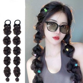 2 PCS Bubble Braided Ponytails Hair Extensions Synthetic Braid Wig with Elastic Hair Band Hairpieces for Women Girls DIY Daily Wear Accessories (Brownish black)