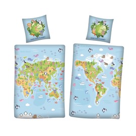 Aymax Save Our Planet World Map Reversible Bed Linen 80 x 80 cm + 135 x 200 cm 100% Cotton