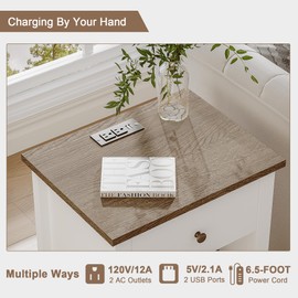 ChooChoo Farmhouse Nightstand with Charging Station, Wooden Top Bedside End Table with Drawer and Storage Space for Bedroom, White