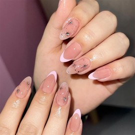 24Pcs Pink French Tip Press on Nails Almond Medium Fake Nails Nude Pink Acrylic Nails Gold Star Rhinestones Artificial Stick on Nails Full Cover Glossy Glue on Nails for Women Girls Daily Wear