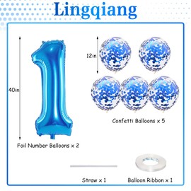 17th Birthday Blue Foil Number 17 Balloons with Confetti, Giant 40 Inch Helium Balloons for Boys, Girls, Men - 17th & 71st Anniversary Party Decorations