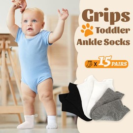 HYCLES Toddler Grip Socks Non-Slip 15 Pairs Low Cut Socks for 1-7 Years Anti Skid Ankle Socks for Baby Kids Boys Girls