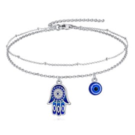 VONALA Evil Eye Anklet Sterling Silver Hamsa Fatima Blue Eye Charm Adjustable Protection Amulet Anklet Religious Christian Jewellery Gifts for Women Girls, Sterling Silver