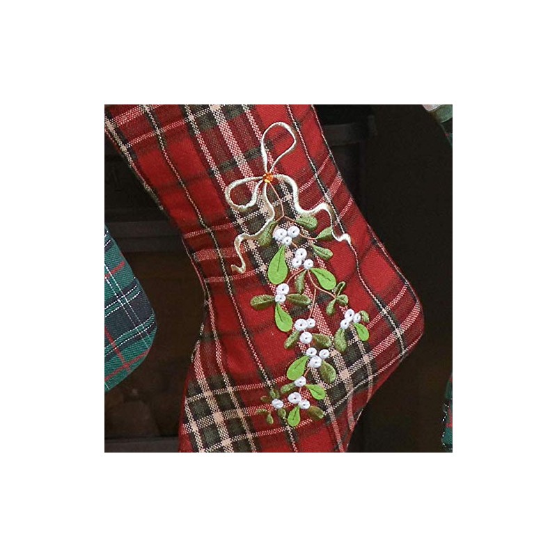 Dibor Festive Tartan Stocking with Mistletoe Embellishment and Hanging Loop
