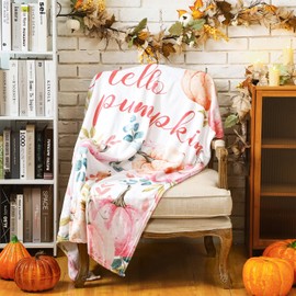 Buryeah Fall Blanket Pink Pumpkins Throw Blanket Autumn Orange Pink Pumpkins Leaves Soft Warm Blanket 60 x 50 Inches Hello Pumpkin Thanksgiving Blanket for Fall Home Bed Sofa Couch Decor