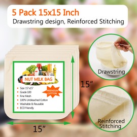 5 Pack Nut Milk Bag 15"x15", Cheesecloth bags for Straining Reusable, 100% Unbleached Cotton Cloth, Almond/Oat/Soy Milk Strainer, Filter Bag for Cheese/Yogurt/Juice/Cold Brew Coffee Wine/Soup/Herbs