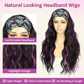 SAPPHIREWIGS Body Wave Headband Wig Highlight Black with Violet Glueless None Lace Front Synthetic Headband Wig for Women Wear and Go Half Wig Daily Cosplay Uses 26 inches