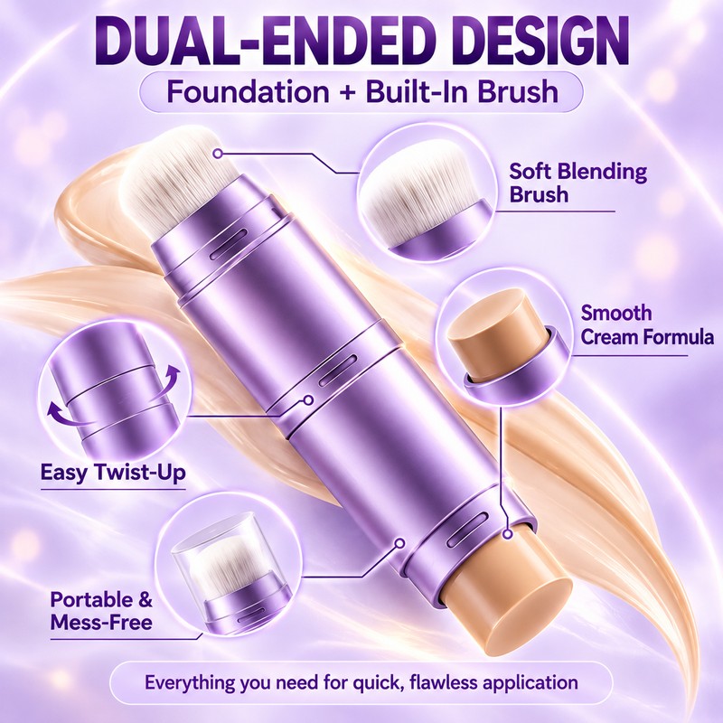 2-in-1 Color-Changing Foundation Stick with Built-In Brush, Natural Shade