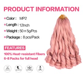French Curl Braiding Hair 12 Inch 8 Packs Short Pink Curly Braiding Hair Pre Stretched 50g/pack Loose Wavy Braiding Hair Synthetic Hair Extensions for Black Women (12 inch,8 packs, MP2)
