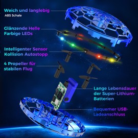 Skeufy Flying Ball, Hover Ball Magic Spinner Ball with RGB Light, Flying Orb Ball Mini Drone for Children, Hand Controlled Floating Ball Toy Gifts for Boys Girls 6-12 Years (Blue)