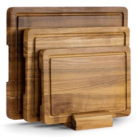 Teak Wood Cutting Board Set, 3-Piece Cutting Board with Stand for Kitchen