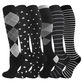 Bropite Calcetines de compresión para mujeres y hombres, 6 pares de calcetines de apoyo de ajuste de cobre, 20-30 mmhg, medias médicas altas hasta la rodilla, viajes, Calcetines de compresión multicolor 02, S-M