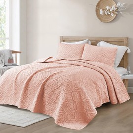 Exclusivo Mezcla King Quilt Bedding Set, Lightweight Soft Bedspreads Coverlets with 2 Pillow Shams, Modern Blush Pink Oversized Quilts King Size for All Seasons