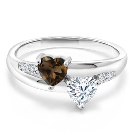 Gem Stone King 925 Sterling Silver Brown Smoky Quartz and White Moissanite Women Solitaire Ring (0.94 Cttw, Heart Shape 5MM, Gemstone Birthstone, Available In Size 5, 6, 7, 8, 9)