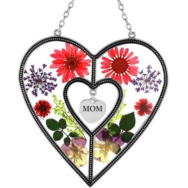 Mom Heart Suncatchers Stained Glass Suncatchers for Windows with Pressed Flower Heart - Glass Heart Suncatchers - Mom Gifts Gift for Mother's Day