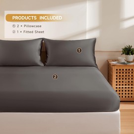 THXSILK Silk Twin Fitted Sheet 3Pcs Set, 6A+ Top Grade 100% Pure Mulberry Silk Bed Sheets Set Luxury Bedding Sheet for Hair and Skin, 1 Fitted Sheet with 2 Pillowcases, Charcoal