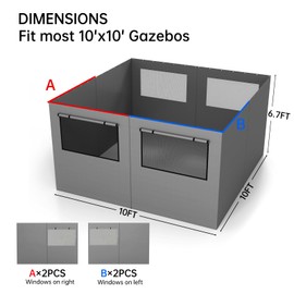 GOTRUTH 10'x10' Gazebo Curtains Outdoor Waterproof, 4-Panels Privacy Replacement Curtains with Net Windows & Zipper, Universal Sidewall Replacement for Garden, Patio, Backyard (Curtain Only, Gray)