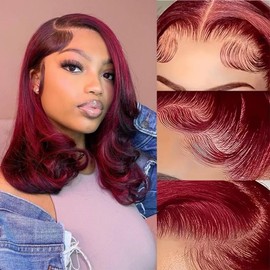YINGRUN 99J Bob Wig Human Hair 13x4 Frontal Lace Wig 14 Inch Body Wave 180% Density Burgundy HD Transparent Lace Front Wigs Human Hair Wigs for Black Women Pre Plucked Red