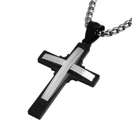 DonDon Herren Halskette mit Curved Double Kreuz-Anhänger zweifarbig Edelstahl 52 cm silberfarben und Samtbeutel