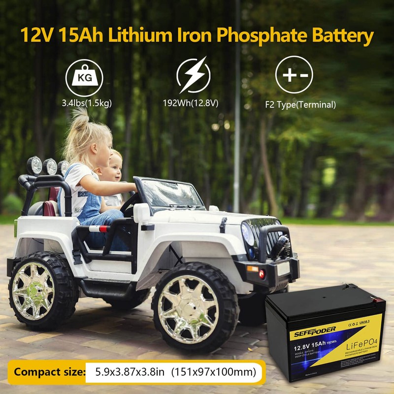 SEFEPODER 2 Pack 12V 15Ah LiFePO4 Deep Cycle Battery, 2000+