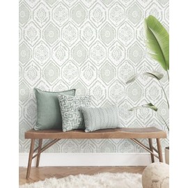 HeloHo 17.3" X 197" Peel and Stick Wallpaper Green Contact Paper Boho Wall Paper Modern Geometric Removable Self Adhesive Wallpapers for Bedroom Bathroom Cabinet Waterproof Decor Vinyl Rolls