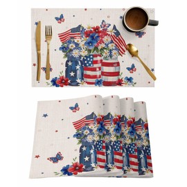 4th of July Placemats Set of 6, Memorial Day American Flag Daisy Butterfly Cotton Linen Table Mats Non-Slip Washable Print Placemat for Independence Day Banquet Dining Kitchen Table Decor