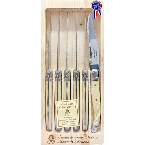 LAGUIOLE Steak Knives Set of 6 - Serrated Blades 1.5mm & ABS Handles with Stainless Steel and Dishwasher Safe - Steak Knife Set with Presentation Box – Sharp Knives Set Made in France