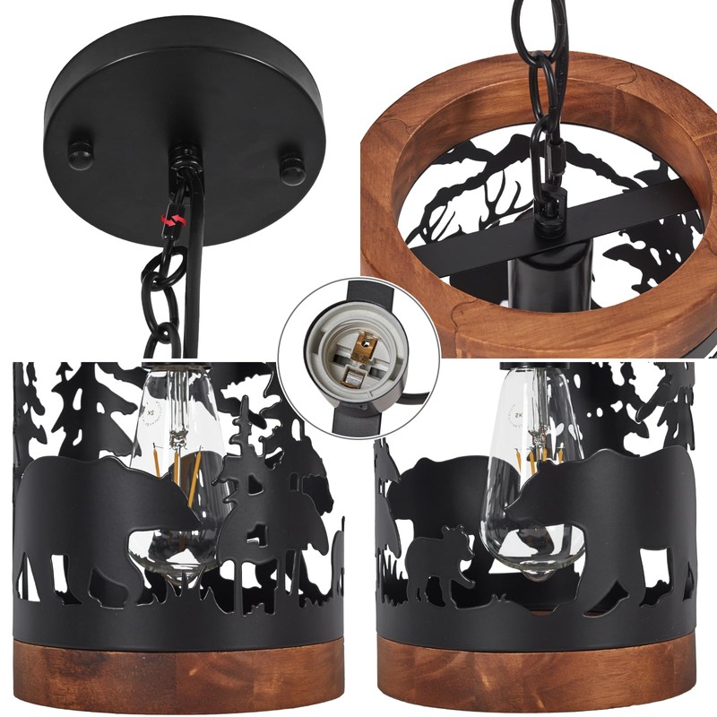 Rustic Bear Pendant Light, 1-Light Farmhouse Wood and Metal Cage