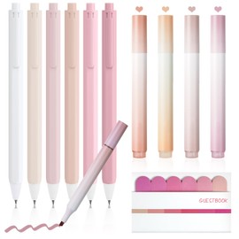 OFFCUP Pastel Highlighters, 13PCS Aesthetic School Supplies, 6pcs No-Bleed Highlighters, 6pcs Retractable Rollerball Pens Ink Gel Pens, 1PC Sticky Tabs, Cute Stationary for School Office Home (Pink)