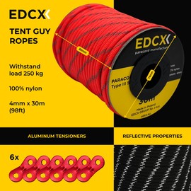 Reflective, Guy Ropes with Aluminum Alloy Tensioner, Nylon Tensioner Cord for Tent, Tarp, Camping, 4mm (30m, 50m)+Spanners