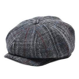 BOTVELA Men's 8 Panel Wool Blend Newsboy Flat Cap Herringbone Tweed Hat (Plaid Grey, 7 1/8)