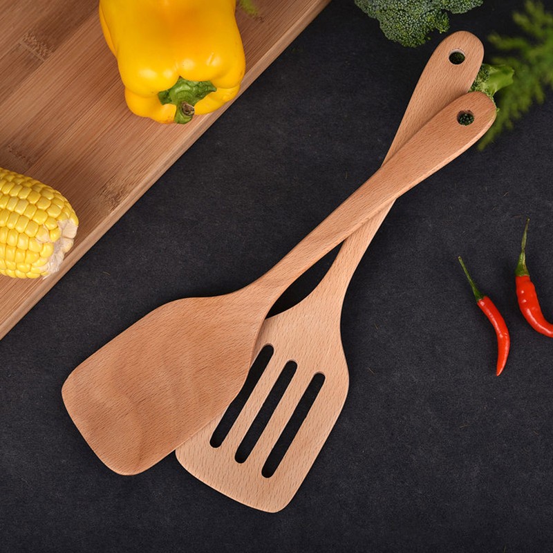 2Pcs Wooden Spatula Heat Resistant Light Weight Kitchen Cooking Utensils