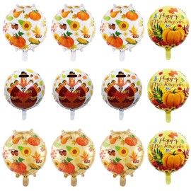 12Pcs 18'' Fall Balloons - Thanksgiving Foil Balloons with Turkey, Maple Leaf Designs for Party Decoration