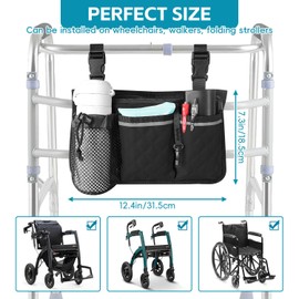 SHIFANQI Wheelchair Bag with Cup Holder, Wheelchair Accessories Armrest Side Bag Multi Pockets Pouch for Electric Wheelchairs, Walkers, Rollators & Mobility Scooters, Adults, Seniors, Black