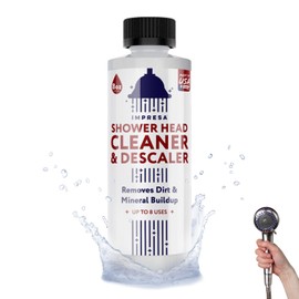 IMPRESA Shower Head Cleaner Solution for Hard Water - 8 fl oz Lemon Scent Liquid - Lime Deposit Remover & Descaler for Shower Heads - Restores Water Flow - Made in USA