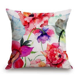 TSSOHU Floral Pillow Cover 18x18 Inch, Flower Cotton Linen Cushion Cover for Home Sofa Chair Decor Red and Purple Watercolor Farmhouse Pillow Case