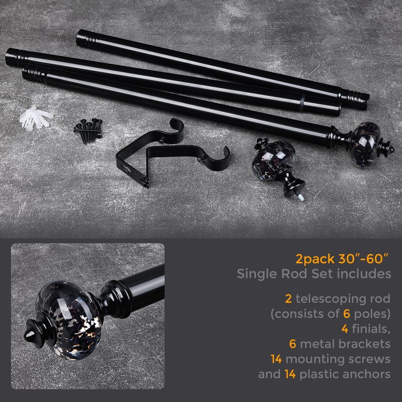 2 Pack Black Curtain Rod for Windows 28 to 48