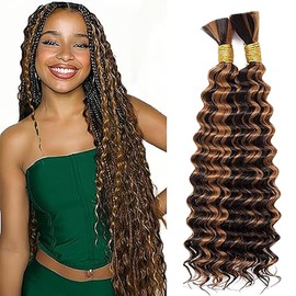 Jucames Real Hair Wefts, Deep Wave Human Braiding Hair Extension, Unprocessed Remy Hair Wefts, No Weft, Highlight, Brown, Colour for Women, 18 18 Inches