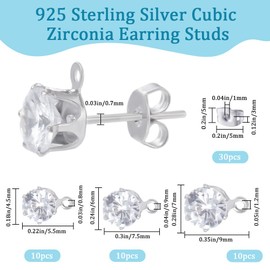 Beebeecraft 1 Box 30Pcs Cubic Zirconia Earring Posts with Loop 925 Sterling Silver Earring Studs Findings for DIY Jewelry Making (5/7.5/9mm)