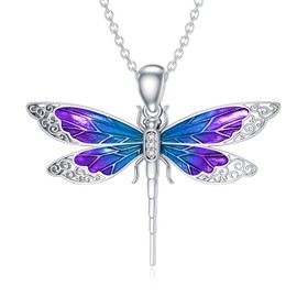 Diamond Dragonfly Necklace 925 Sterling Silver Lab-Grown Diamond Enamel Purple and Blue Dragonfly Pendant Necklaces Jewelry for Women Birthday Christmas Gifts