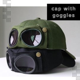 ALVEIN Cap with Goggles, Pilot Cap, Hip Hop, Unisex, One Size, Windproof, Aviator, Roman, Adventure, Retro Cosplay, yellow