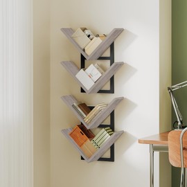 HOOBRO Floating Shelves for Wall, Set of 2 Wall Mounted Shelf, 2-Tier Wooden Hanging Shelves Storage Racks, Tree Bookshelves, for Living Room, Bedroom, Office, Greige and Black BG55BJP201