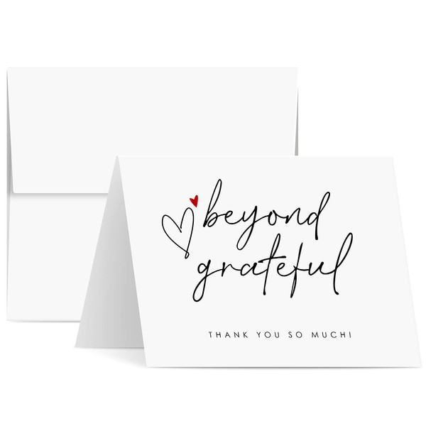 Beyond Grateful – Thank You So Very Much! w/Small Red Heart – Elegant Greeting Cards for Wedding, Christmas, Valentine’s, Bridal Shower, Anniversary – Blank Inside | 4.25 x 5.5” | 25 per Pack