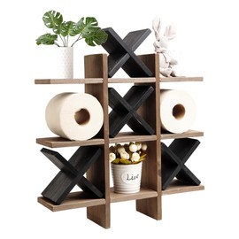 GENMOUS Handmade Tic Tac Toe Toilet Paper Holder Stand with 4pcs Wooden X, Funny Wall Mounted Toilet Papers Storage with Shelf, Farmhouse Paper Roll Storage for Guest Bathroom or Toilet Décor