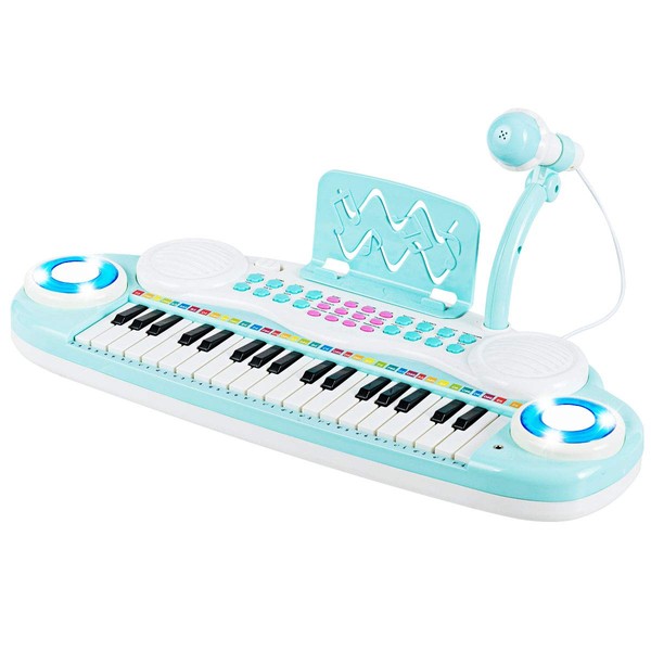 GYMAX 37 Keys Kids Piano, Children Toy Keyboard with Microphone, Music Score, 8 Tone Keys, 4 Percussion Instruments, Record & Playback, Portable Mini Electronic Piano for Girls Boys (Blue)